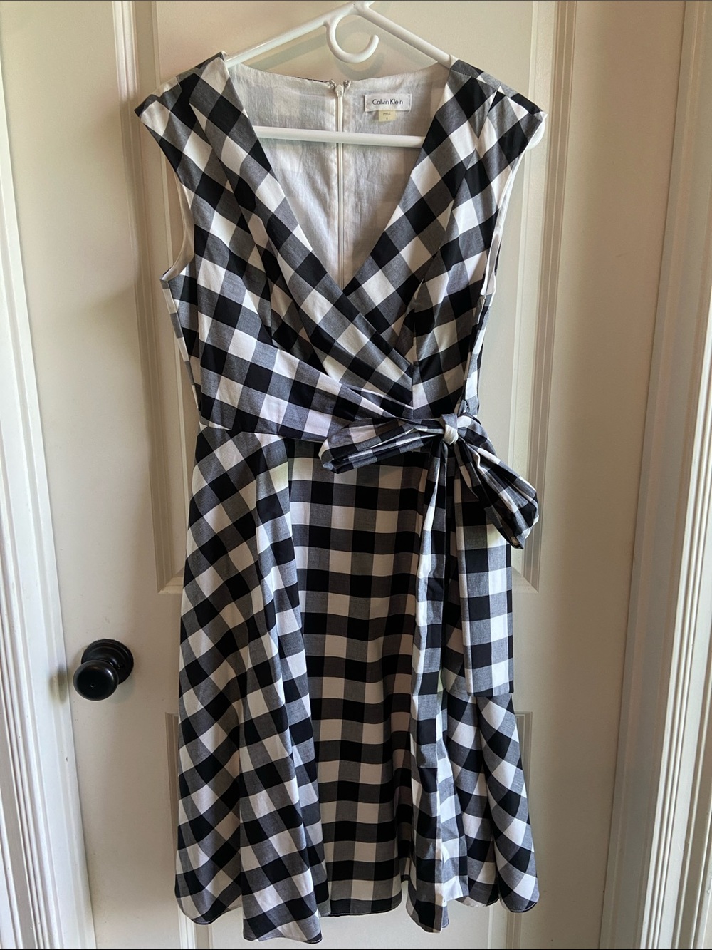 Calvin Klein Black & White Gingham Wrap-Style Midi Dress